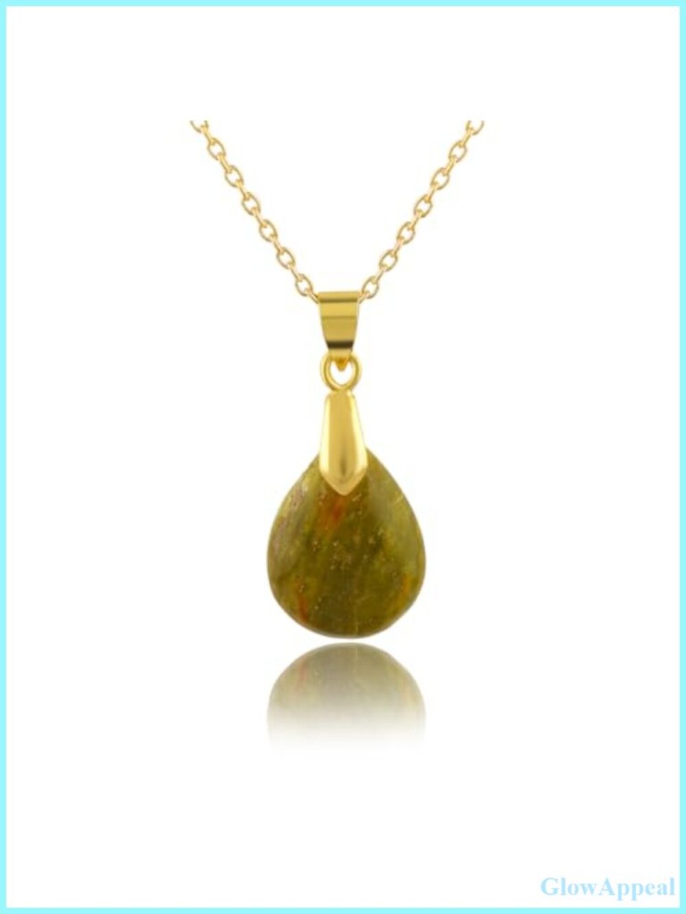 Green Opal Cabochon Pear Pendant Necklace 14K Gold Plated Brass 16-18"